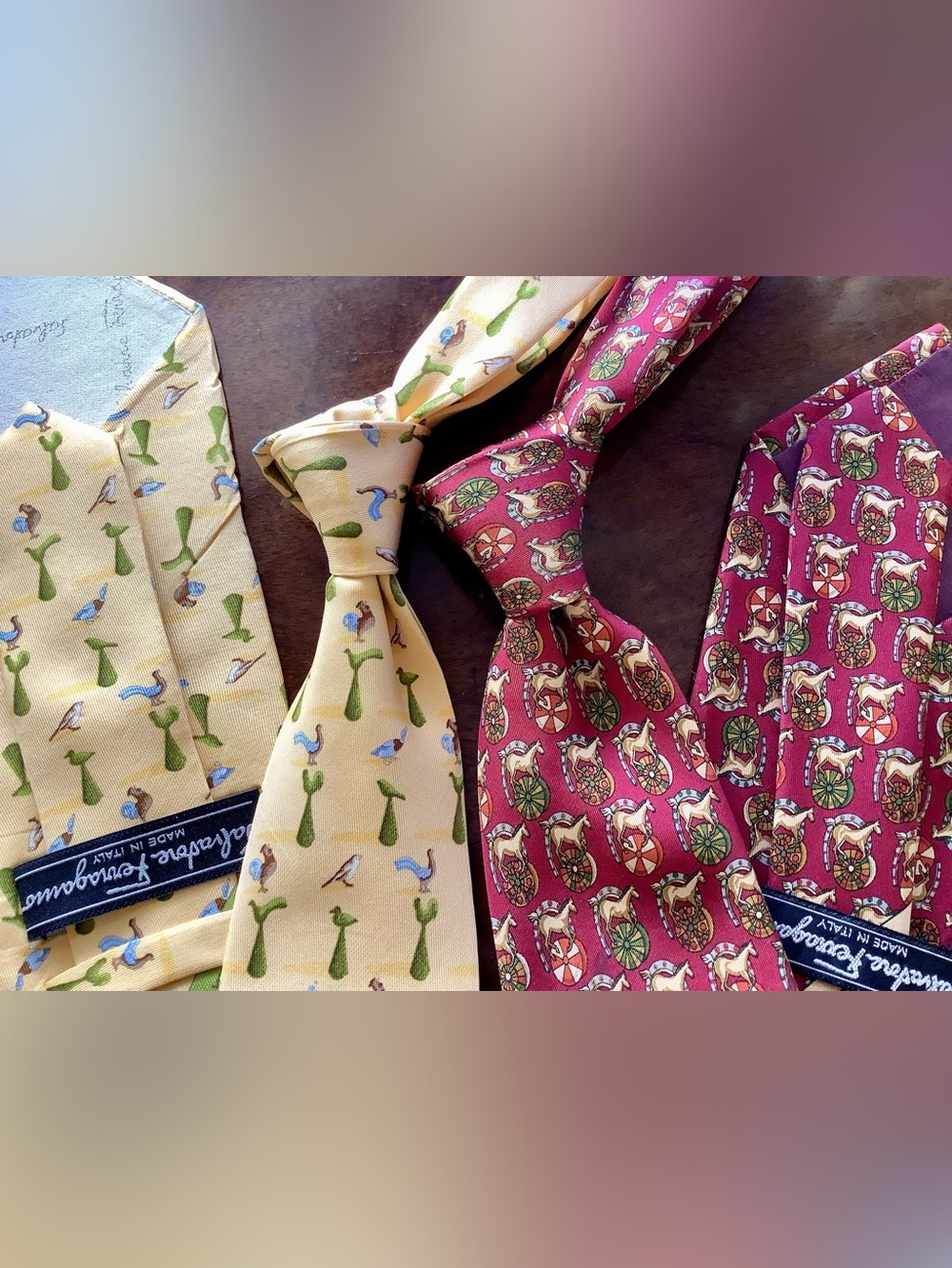 Pair of Salvatore Ferragamo Yellow & Red Silk Patterned Ties